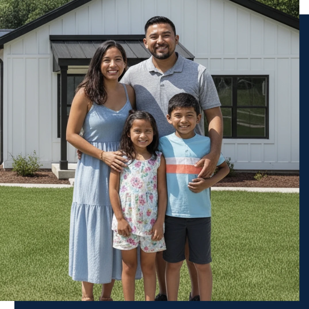 Family standing outside new duplex home at Atlantic Community Memphis