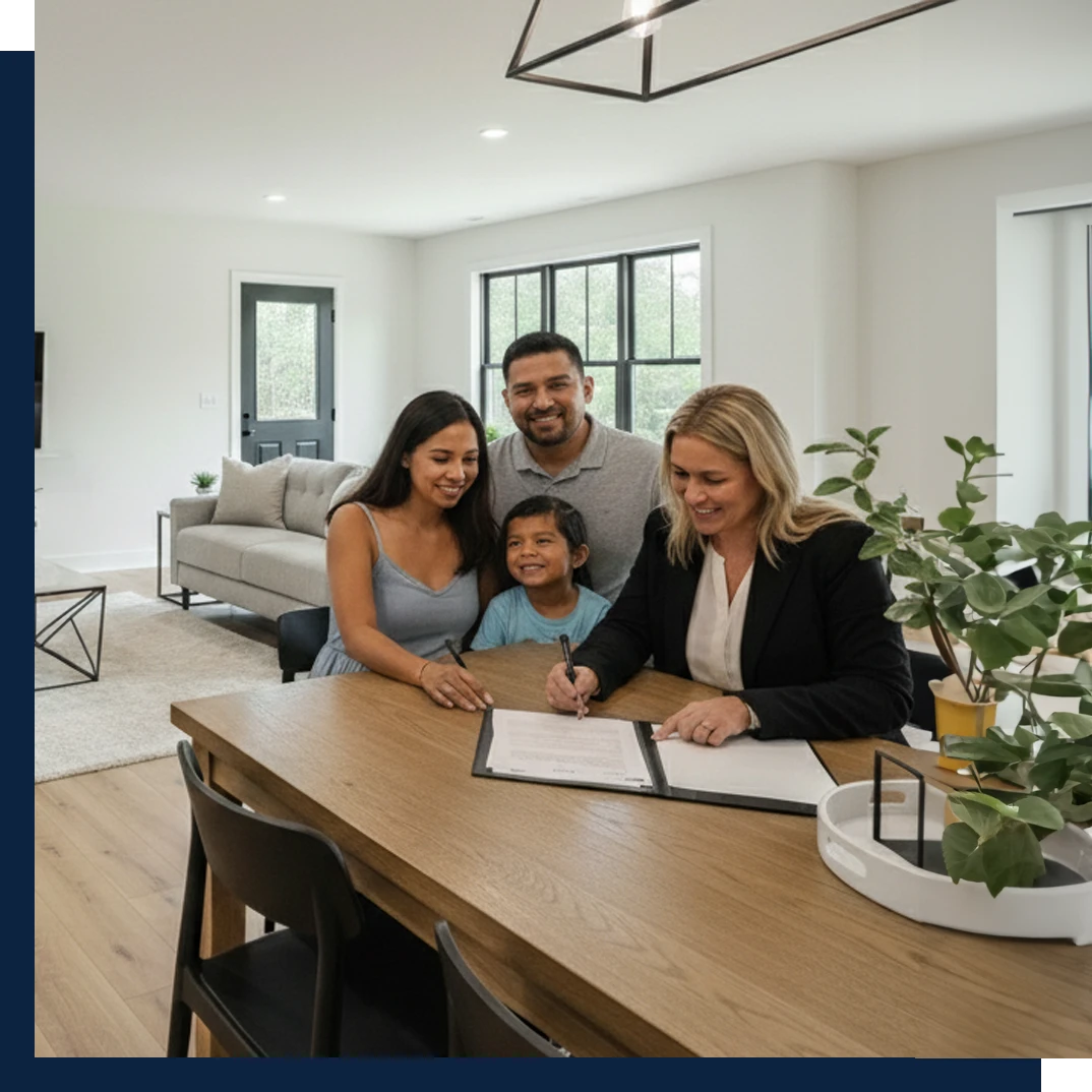 Family signing lease paperwork inside duplex home at Atlantic Community Memphis