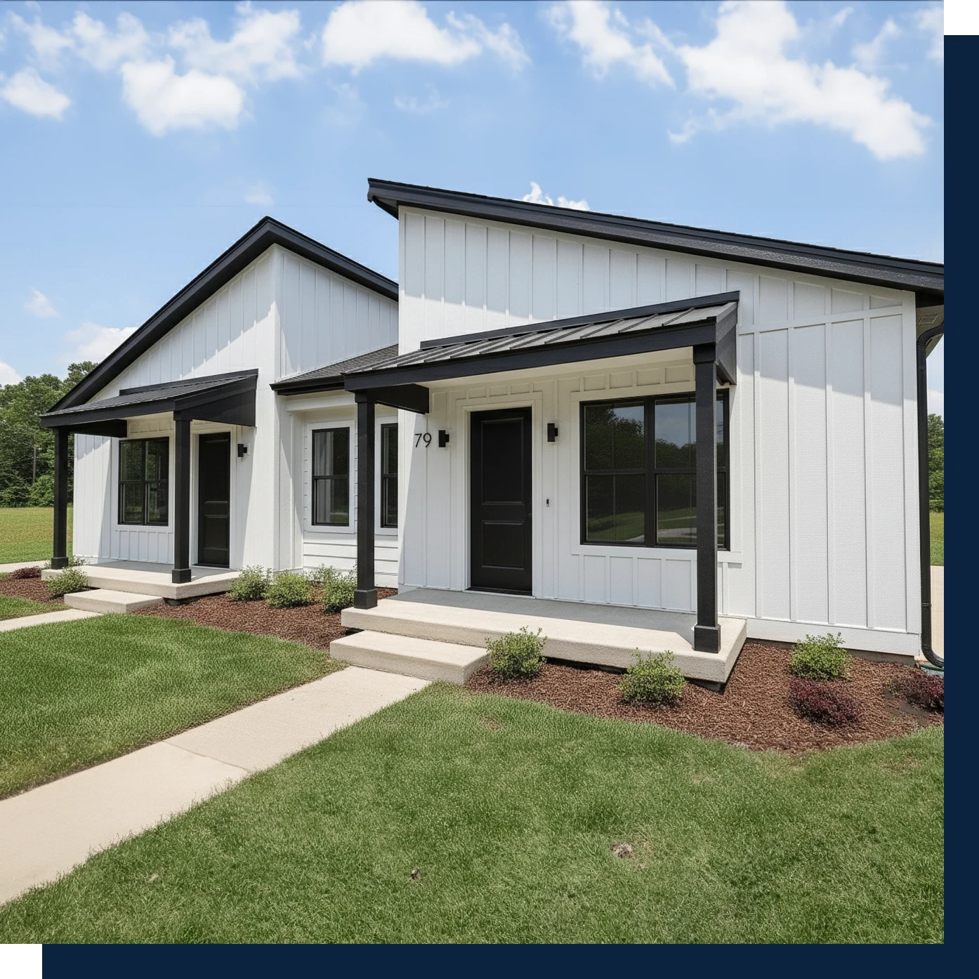 Front exterior view of modern white duplex homes at Atlantic Community in Memphis, featuring black trim and private entrances.