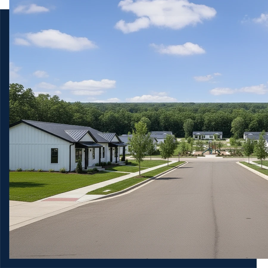 Street view of Atlantic Community Memphis duplex homes with landscaped lawns and tree-lined sidewalks.