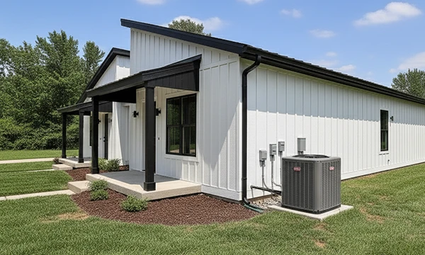 Side exterior of white duplex homes with black trim and HVAC units at Atlantic Community Memphis.