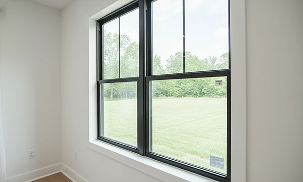 Energy-efficient double-pane window overlooking green lawn at Atlantic Community Memphis duplex homes.