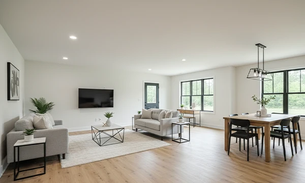 Open-concept living and dining area in Atlantic Community Memphis duplex rentals featuring bright interiors and modern design.