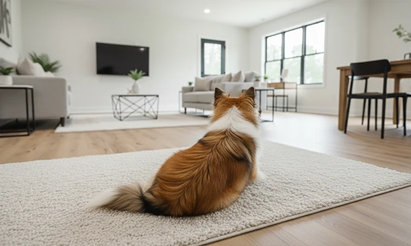 Dog relaxing in a bright living room at Atlantic Community Memphis duplex rentals with modern furniture and natural light.