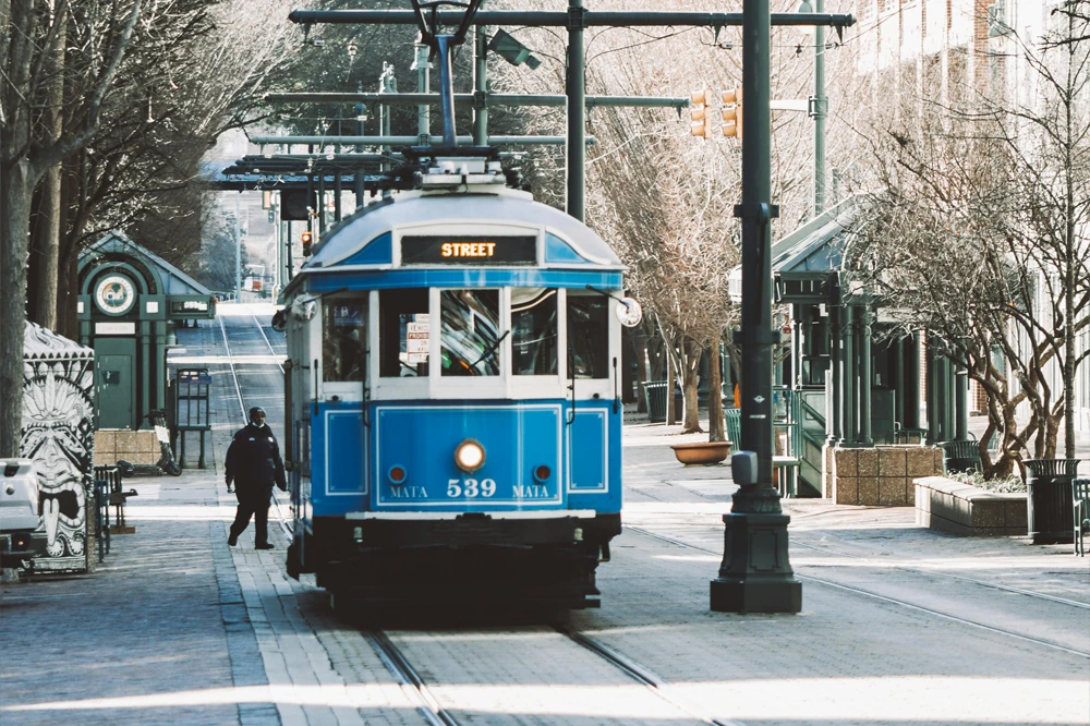 Blue trolley on Main Street in Memphis, Tennessee.